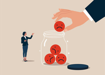 Bad review with phone, negative reviews, bad reputation. Woman collect negative emoticons into Glass Jar. Vector illustration