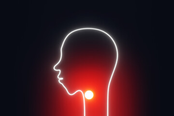Sore throat concept. Human head silhouette red glowing acute nasopharynx pain 3d rendering. Tonsillitis illness Patient with painful swallowing, malaise, inflammation, fever virus symptoms Health care