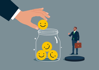 Business people collect funny and positive emoticons into Glass Jar. Flat vector illustration 