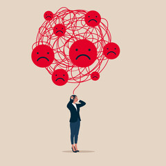 Confused woman with a cloud of negative emoticons above his head. Support relief anxiety or depression. Mental health treatment or psychology support. Vector illustration