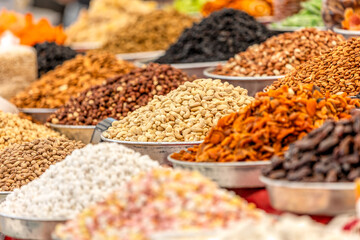dried fruits, nuts and spices in the market