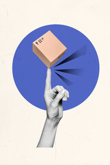 Vertical collage picture of black white colors arm finger hold spin mini carton box shipment isolated on creative background