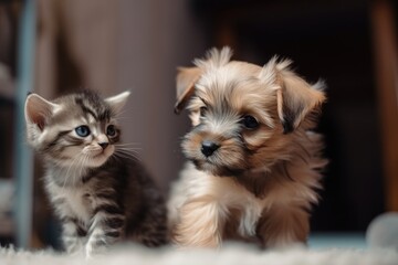 Cute fluffy little kitten and doggy, pet friendship.