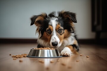 Cute and sad dog with a plate of dry food.