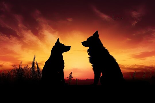 Illustration of two dogs sitting on a sunset background.