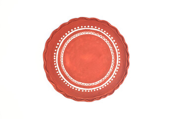 CLAY PUJA THALI TOP VIEW ISOLATED ON WHITE BACKGROUND. 