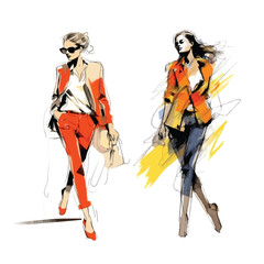 Set of vector illustrations: fashionably dressed women are walking. Fashion sketch made with watercolors and markers, expressive line.