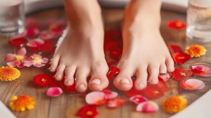 Obraz na płótnie Canvas Beautiful female feet at spa salon on pedicure procedure. Generative AI