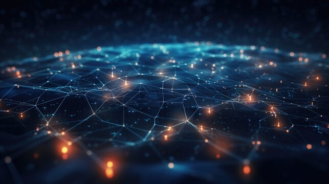 Abstract technology background of a quantum computing system with a cyber network grid and connected particles. Artificial neurons, global data connections - Generative AI