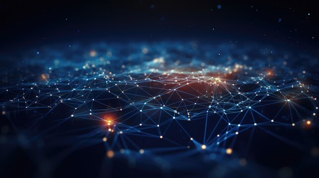 Abstract technology background of a quantum computing system with a cyber network grid and connected particles. Artificial neurons, global data connections - Generative AI