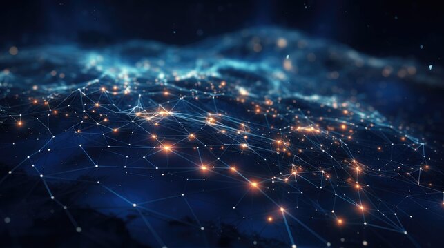 Abstract technology background of a quantum computing system with a cyber network grid and connected particles. Artificial neurons, global data connections - Generative AI