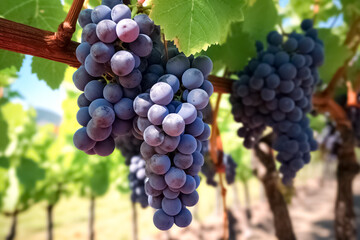 Fototapeta premium Lush wine grapes clusters hanging on the Vine. Bunches of ripe grapes before harvest. 