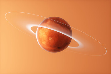 Planet Mars with orbit ring on orange background. 3d rendering illustration.