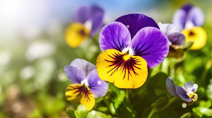 Closeup on pansy flower at sunny day, Generative AI