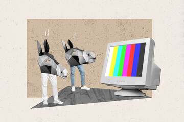 Collage of two head donkeys watching colorful image monitor display no connection lies propaganda...