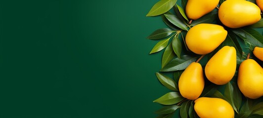 Creative food summer mangos fruits banner  - Top view of many fresh ripe mango and tropical leaves, isolated on green background texture  (Generative Ai)