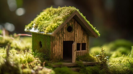 Fototapeta na wymiar A small house with a green roof in the grass, Generative AI