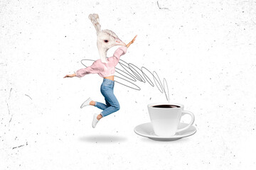 Creative abstract composite photo collage of headless girl with bird head jump to morning cup of...