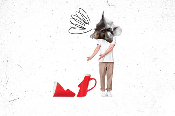 Creative abstract template collage of confused man point broken tea mug bad omen mistake monkey...