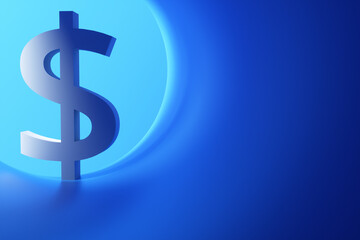 Close-up of dollar currency icon in blue tunnel. 3d rendering illustration