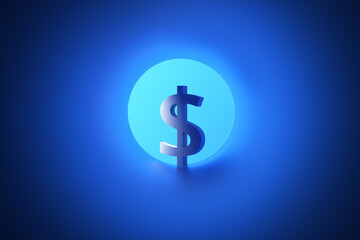 Obraz premium Close-up of dollar currency icon in blue tunnel. 3d rendering illustration