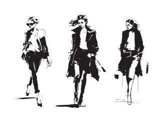 Set of vector illustrations: fashionably dressed women are walking. Fashion sketch made with watercolors and markers, expressive line.