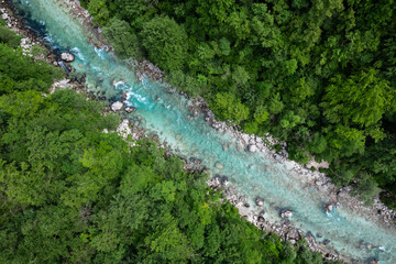 Soca river in Soca valley, Slovenia. Aerial drone view