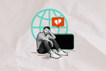 Composite collage image of sad unhappy young man smartphone screen display broken heart unpopular...