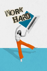 Vertical collage image of positive black white effect mini girl arms hold netbook work hard...