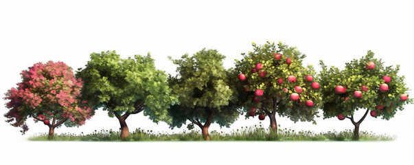 3D illustration of apple trees with red apples, isolated on white background