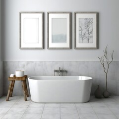 Fototapeta na wymiar Blank white photo art frame mock up design showcase in modern bathroom Generative AI 