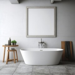 Naklejka na ściany i meble Blank white photo art frame mock up design showcase in modern bathroom Generative AI 