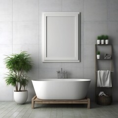 Fototapeta na wymiar Blank white photo art frame mock up design showcase in modern bathroom Generative AI 