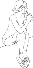 line drawing of young woman sitting with cup of coffee or tea.