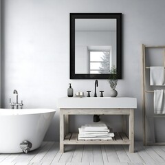 Blank white photo art frame mock up design showcase in modern bathroom Generative AI 