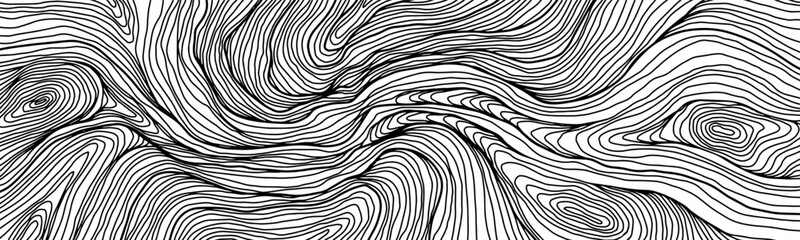 Black and white linear wavy background. Wave pattern. Abstract texture with line curves. Swirl pattern. Deformed curved lines. - obrazy, fototapety, plakaty
