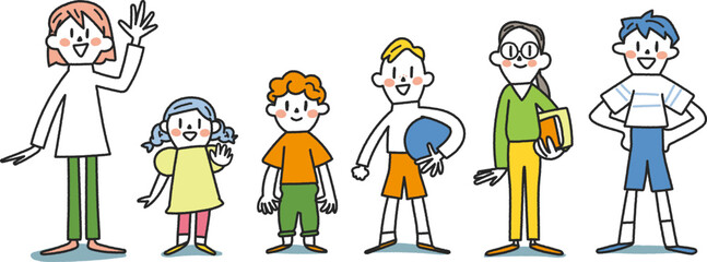 1年生から6年生の元気な小学生　セット　イラスト素材
