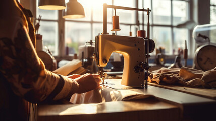 Needle and Thread, A Skilled Female Tailor at Work in a Bright Atelier. Generative AI