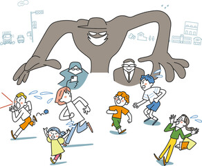 不審者に襲われる散りちりに逃げる小学生　イラスト素材

