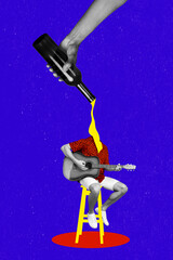 Collage artwork of headless musician guitarist man sitting armchair player acoustic alcoholic...