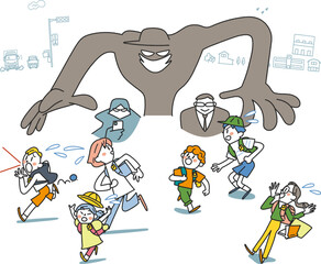 Naklejka premium 不審者に襲われる散りちりに逃げる小学生 イラスト素材 
