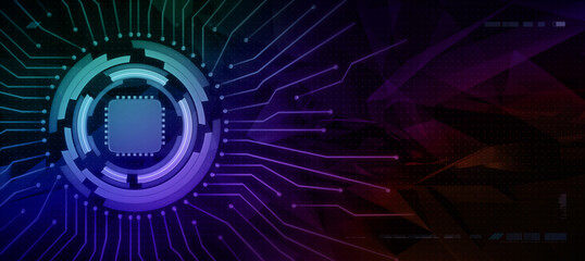Computer CPU technology background concept, with neon 3D graphics elemenets. A colorful technology illustration template with copy space for text
