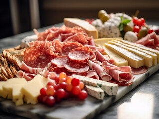 Affettati Misti with thinly sliced prosciutto, salami, and assorted cheeses on a marble platter