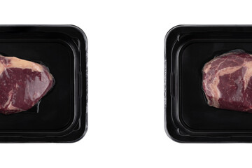 Vacuum-packed steak on a white background. A piece of vacuum-packed beef close-up on a white background.