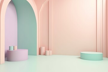 Stand podium wall scene pastel color background, geometric shape for product display presentation.