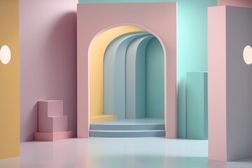 Stand podium wall scene pastel color background, geometric shape for product display presentation.