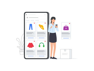 Flat Vector illustrations of women using smartphones to create wish lists on ecommerce platforms. Perfect for showcasing shopping desires and preferences.