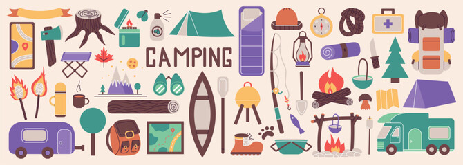 Set with things for traveling to the mountains. Fishing and outdoor summer camping. Hiking with backpacks. Summer vacation in the forest. Colorful vector illustration. Editable stroke