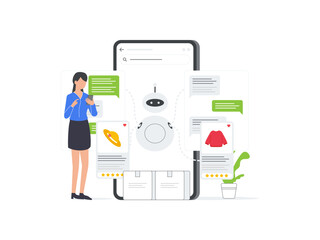 Flat vector illustration of Woman chatting with a chatbot on an eCommerce mobile platform. Simplified graphic depicting AI powered customer support.