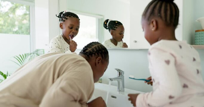 Family, black mother and girls brushing teeth, teaching and happiness with growth, oral care and learning. Mama, female children or kids with tooth paste, dental hygiene and development with wellness